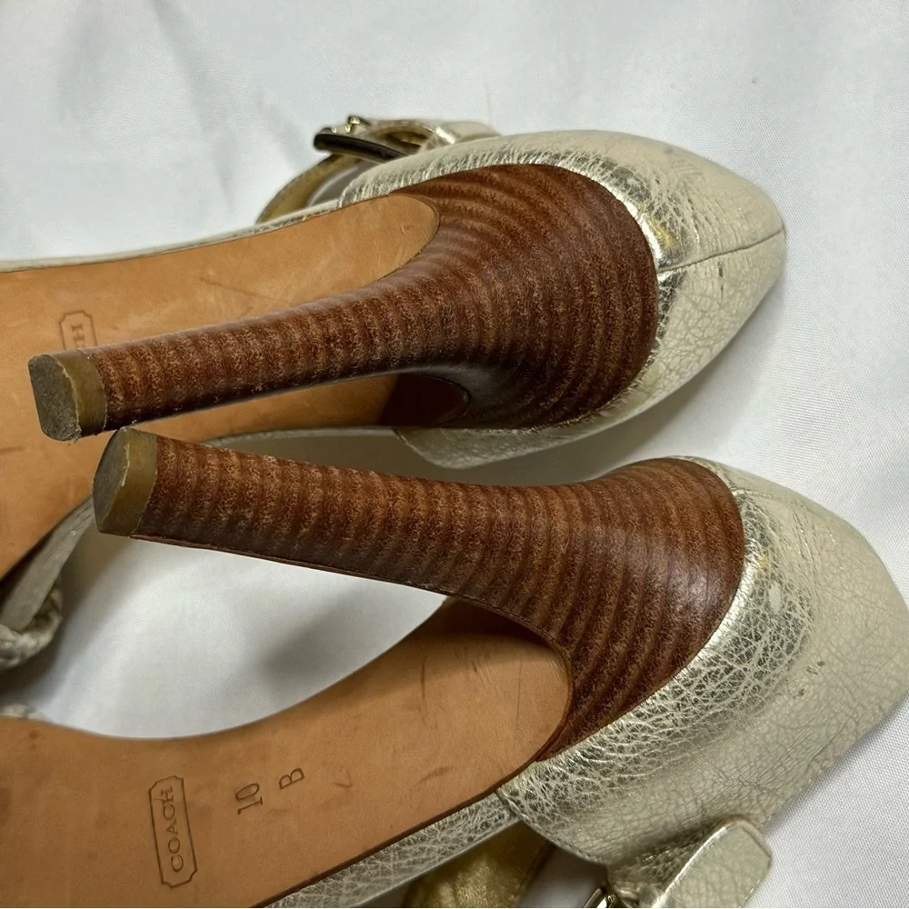 Coach Metallic Gold Braided Ankle-Strap Stack Heels Sz 10 - Picture 7 of 10
